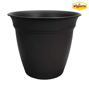 10 in. Mirabelle Medium Black Plastic Planter (10 in. D x 8.8 in. H) with Drainage Hole and Attached Saucer