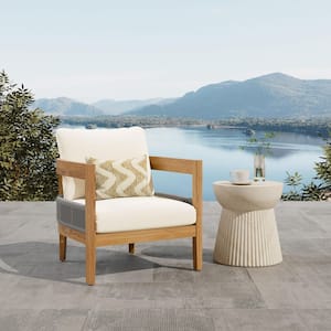 Acacia Wood Outdoor Lounge Chair, Club Chair with Beige Polyester Cushions, Light Gray Rope