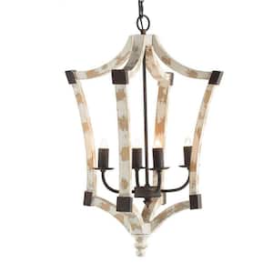 4-Light Cream Wood Chandelier, Hanging Light Fixture with Adjustable Chain for Kitchen Dining Room, Bulb Not Included