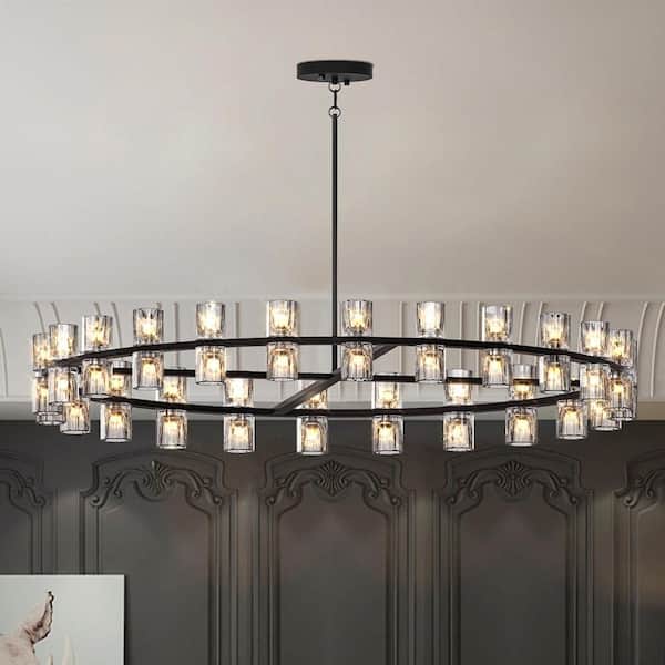 Crysia Modern LED 48 in. 48-Lights Black K9 Crystal Round Chandelier with Bulbs Included, for Dinning Room, Living Room