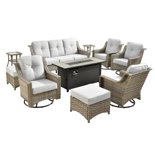 Cherry 10-Piece Wicker Outdoor Furniture Patio Fire Pit Conversation Sofa Set with Swivel Chairs and Light Grey Cushions
