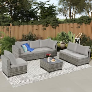 Gray Wicker 7-Piece Modular Outdoor Sectional PatioFurniture Conversation Set w/Iron Gray Cushions 6-Chairs1-CoffeeTable