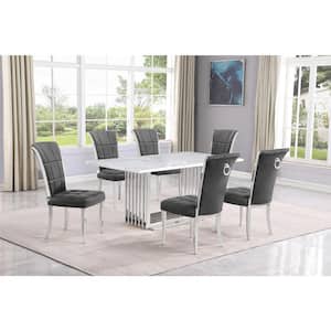 Lisa 7-Piece Rectangular White Marble Top Chrome Base Dining Set with Navy Blue Velvet Chairs Seats 6.