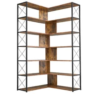 70.9 in. H Brown 7-Shelf Bookcase Home Office L-Shaped Corner Bookcase with Metal Frame Industrial Style Open Storage