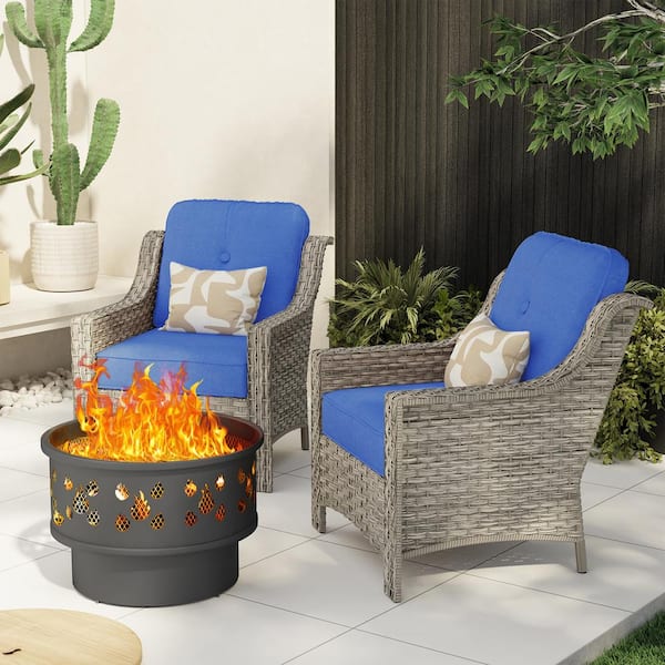XIZZI Iris 3-Piece Wicker Outdoor Patio Conversation Sofa Seating Set with a Wood-Burning Fire Pit and Navy Blue Cushions