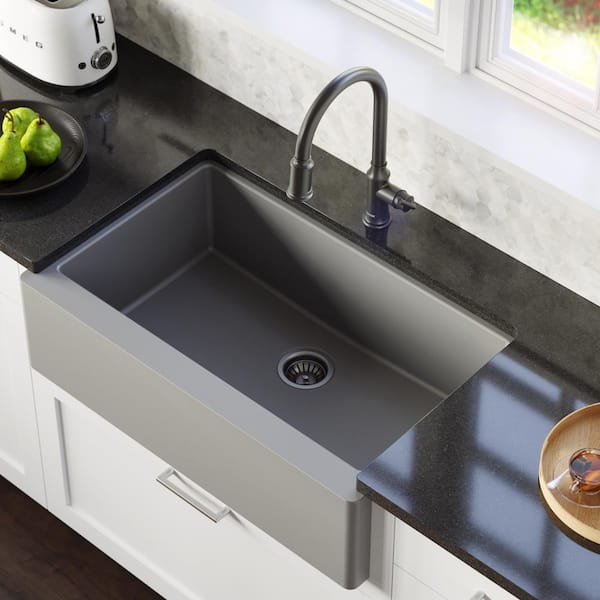 Karran Farmhouse/Apron-Front Quartz Composite 34 in. Single Bowl Kitchen Sink in Grey
