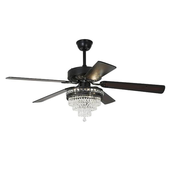 OUKANING 52 in. Indoor Black Modern Standard K9 Crystal Ceiling Fan with Reversible Motor and Remote, No Bulbs Included