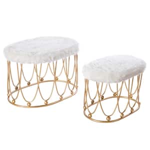 Gold Metal Side Accent Table Stools with White Fur Top Seat (Set of 2)