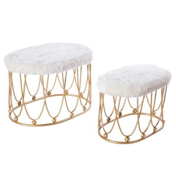 Bold Tones Gold Metal Side Accent Table Stools with White Fur Top Seat (Set of 2)