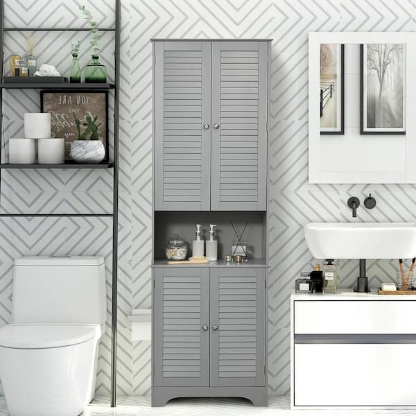 23.5 in. W x 11.75 in. D x 71.75 in. H Gray MDF Freestanding Linen Cabinet with Shelf, 2-Cabinets, Gray