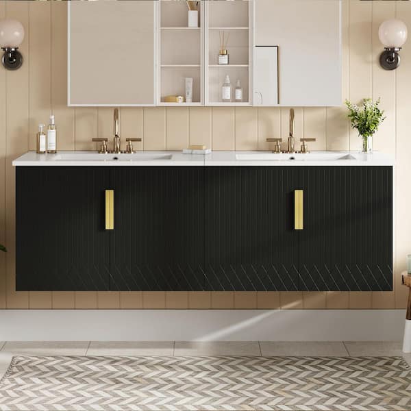 60in. Double Sink Floating Black Bath Vanity with White Ceramic Top