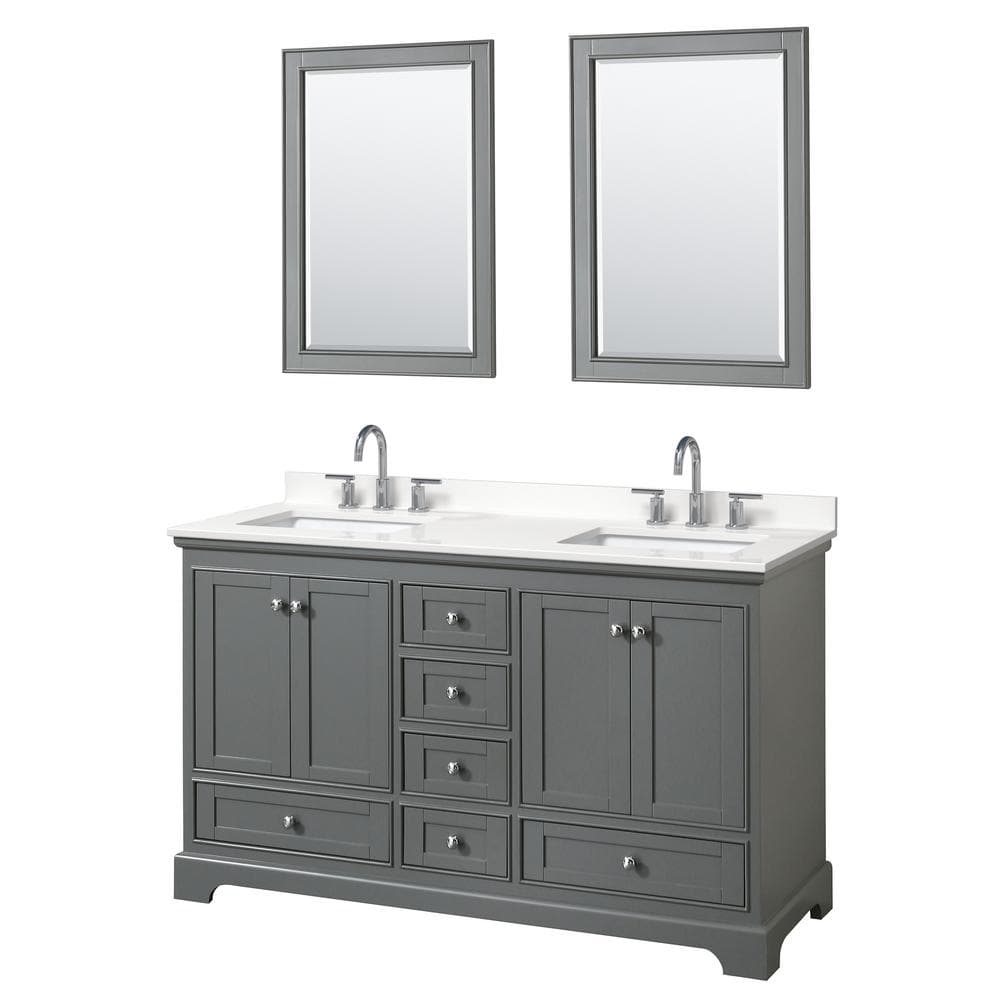 Wyndham Collection Deborah 60 in. W x 22 in. D x 35 in. H Double Bath Vanity in Dark Gray with White Quartz Top and 24 in. Mirrors, Dark Gray with Polished Chrome Trim -  840193384927