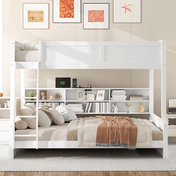 Antique White Full XL over Queen Bunk Bed with Storage Cabinets and USB Ports