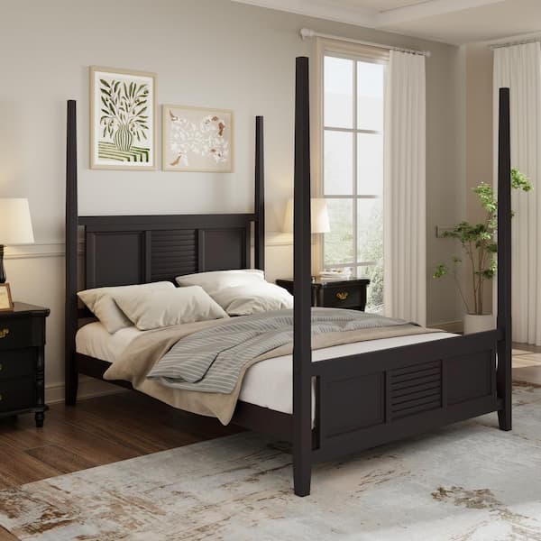 Qualler Espresso Brown Wood Frame Queen Size Four Poster Bed with Horizontal Grille Design