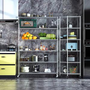 6 layers pentagonal metal shelves with wheels for kitchen storage items, 27in.L*27in.W*82in.H-Chrome