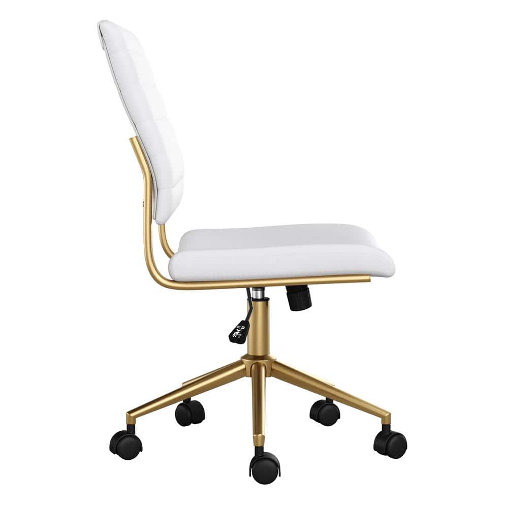 White Faux Leather Armless Swivel Office Chair with Brass Frame