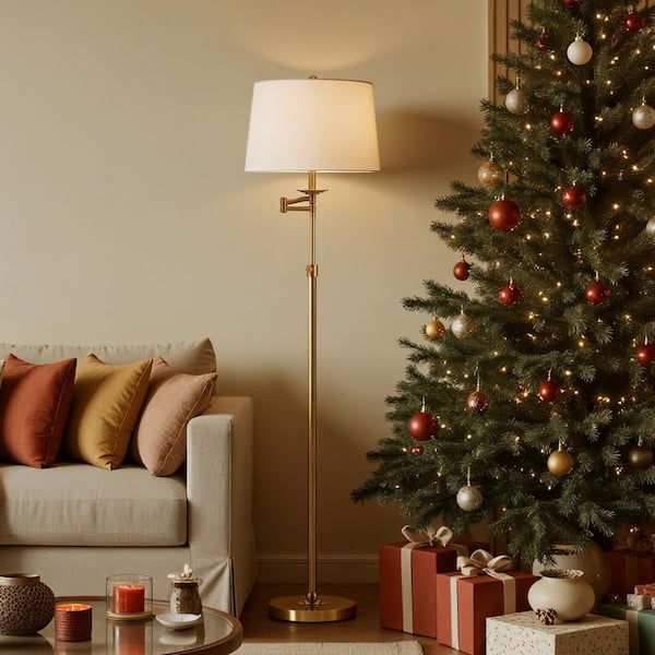 KAWOTI 64.5 in. Antique Brass Height Adjustable Swing Arm Floor Lamp with White Shade