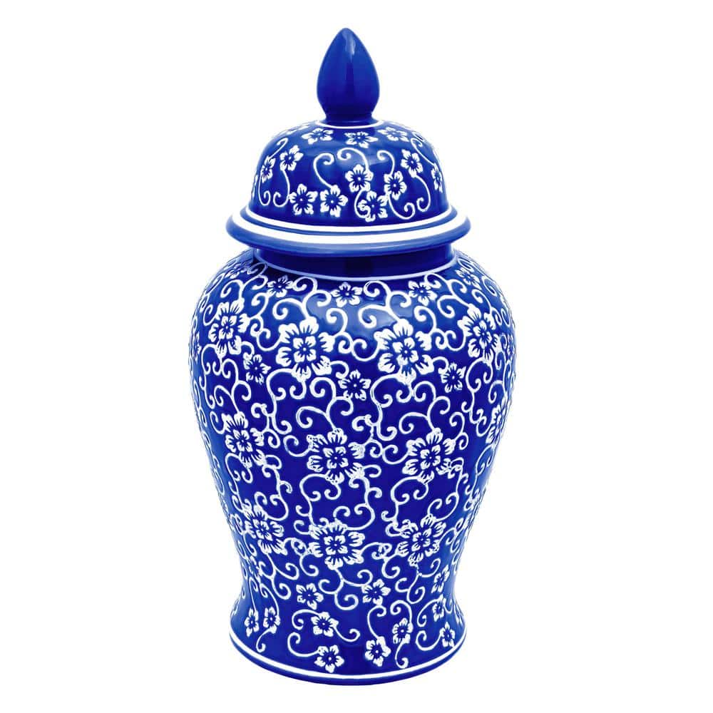 18-Inch Blue and White Floral Porcelain Temple Jar