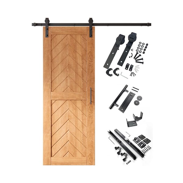 JT1 26 in. x 80 in. C-Panel Early American Fishbone Design Solid Pine Wood Sliding Barn Door with Hardware Kit