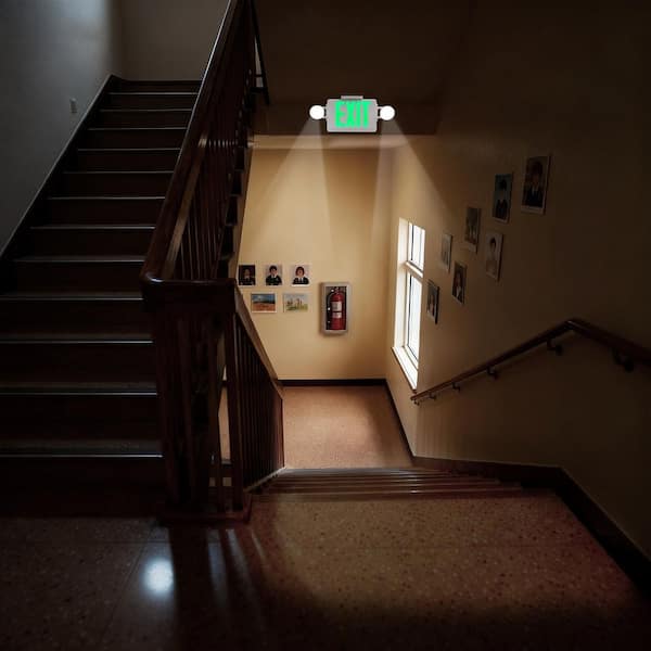 LED Exit and Emergency Light Combo, 2-Head Fixture with Green Letters, High Output Commercial Safety Lighting