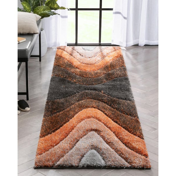 San Francisco Luz Modern Geometric Shag Hand-Carved, Grey Orange 2 ft. 7 in. x 9 ft. 10 in. Runner, Area Rug