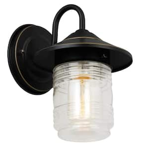Classic Jerome Jelly Jar 1-Light Oil Rubbed Bronze Indoor/Outdoor Dimmable Wall Light Sconce with Clear Ribbed Glass