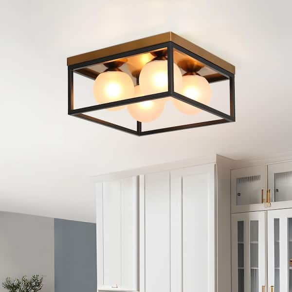Zevni Gold/Black 14 in. 4-Light Modern Farmhouse Square Flush Mount Light with Globe Frosted Glass Shade for Kitchen, Foyer