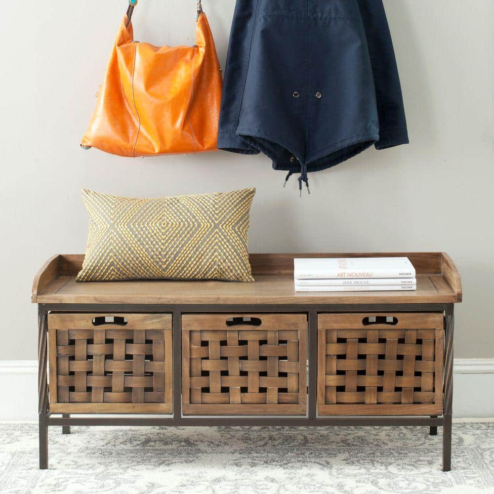 Transitional Antique Pewter Oak Storage Bench with 3 Drawers
