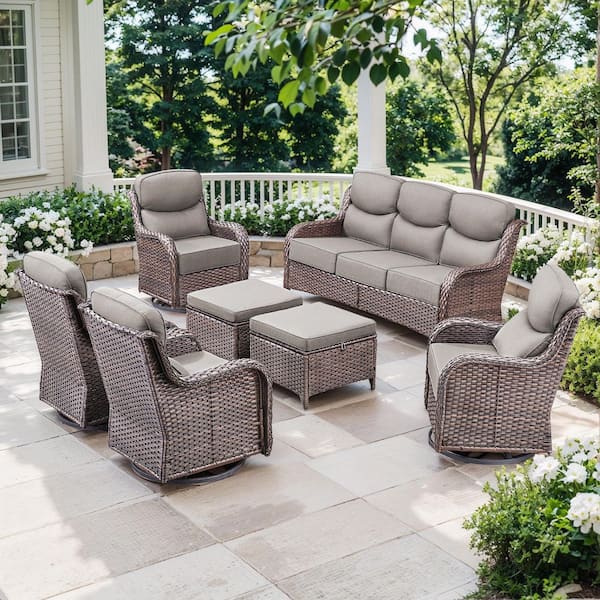 MoonLuxe Brown Swivel Glider Wicker Patio Conversation Set with Gray Olefin 6 in. Thick Cushions (7-Piece)