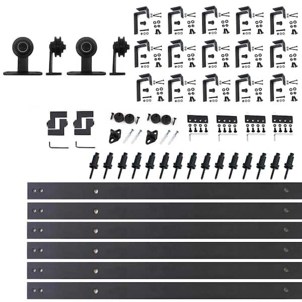 HOMACER 20 ft./240 in. Black Rustic Double Track Bypass U-Shape Sliding Barn Door Hardware Kit - T-Shape Design Roller