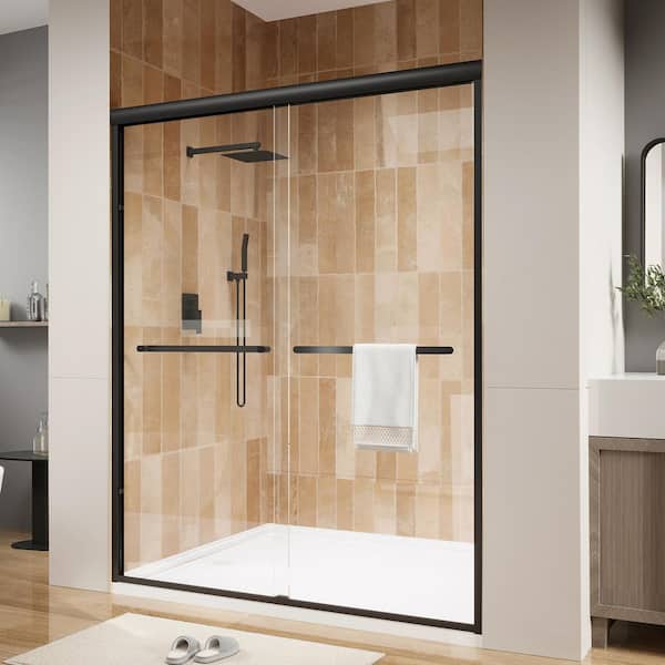 56 in. - 60 in. W x 72 in. H Double Sliding Framed Shower Door in Matte Black with Clear Glass