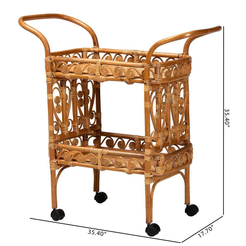 Natural Brown Rattan Round Kitchen Cart with Storage