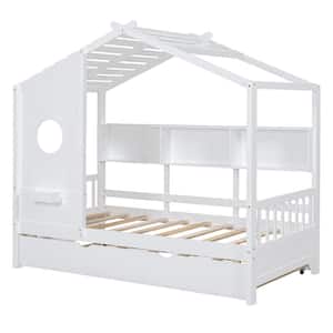 Modern White Wood Twin Size House Bed with Trundle, Storage Shelves and Shelf Compartment
