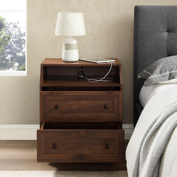 22 in W. 2-Drawer Dark Walnut Wood and Metal Nightstand with Mountable USB Port