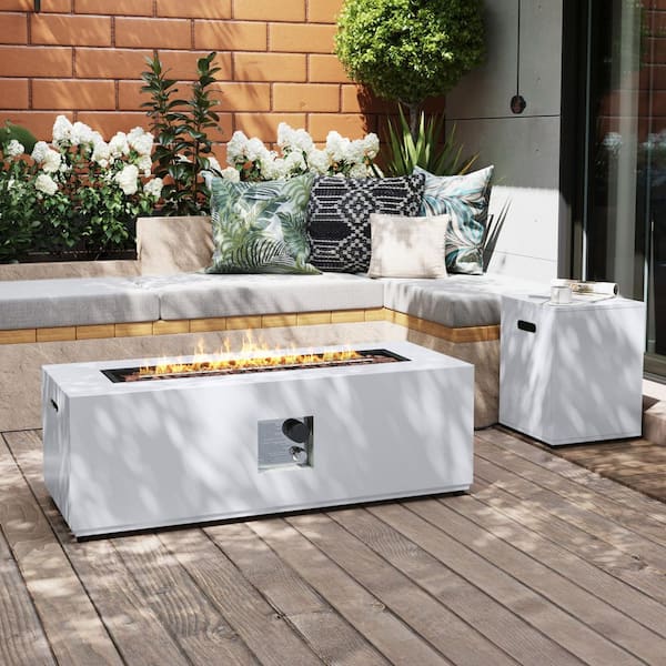PATIO WATCHER 42 in. Rectangular Iron Outdoor Fire Pit Table with Tank Cover, Lid and Rain Cover in White