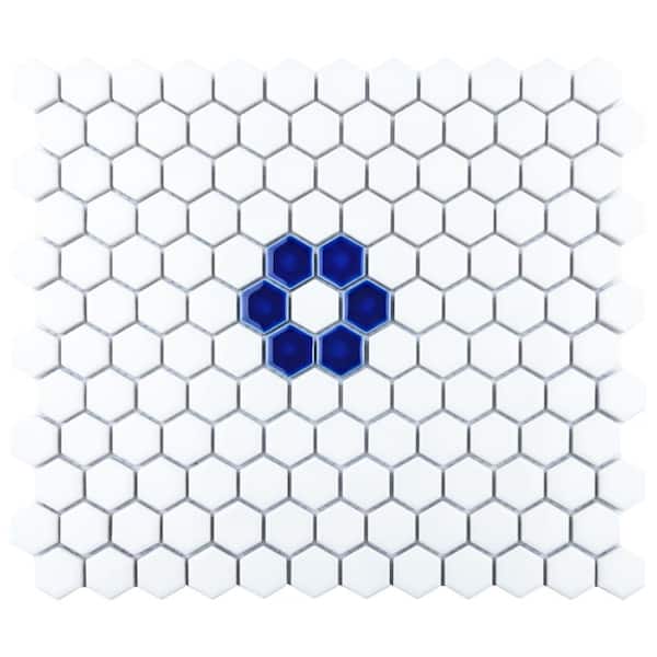 Merola Tile Metro Ion 1 in. Hex Sapphire Single Flower with Glossy White 10-1/4" x 11-7/8" Porcelain Mosaic Tile (8.6 sq. ft./Case)