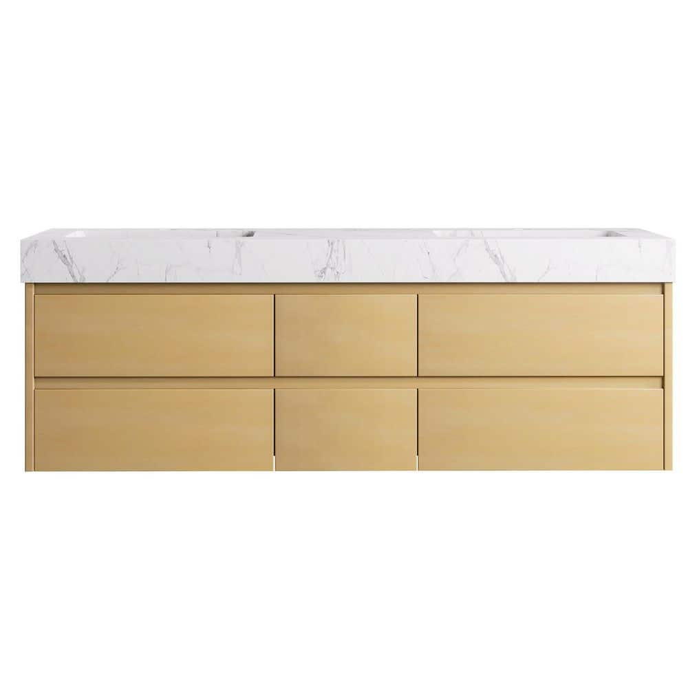 Marble Lux 60 in. W x 20.8 in. D x 21.2 in. H Floating Bathroom Vanity with 2 Sinks in Birch Wood with White Marble Top price history on PriceWatchPro