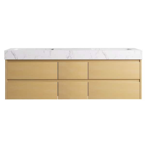 ExBrite Marble Lux 60 in. W x 20.8 in. D x 21.2 in. H Floating Bathroom Vanity with 2 Sinks in Birch Wood with White Marble Top