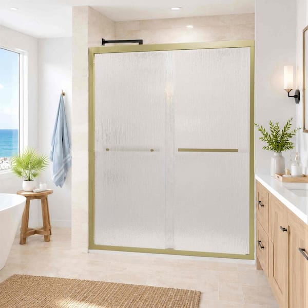 56-60 in. W x 72 in. H Double Sliding Framed Shower Door in Brushed Gold with Nano-Coated Easy-Clean Rain Glass