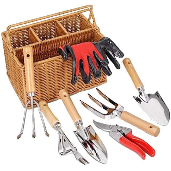 Misopily 8-Piece Garden Tool Set with Basket Stainless Steel Hand Tools Wood Handles Gloves Pruning Shears Gift for Gardening