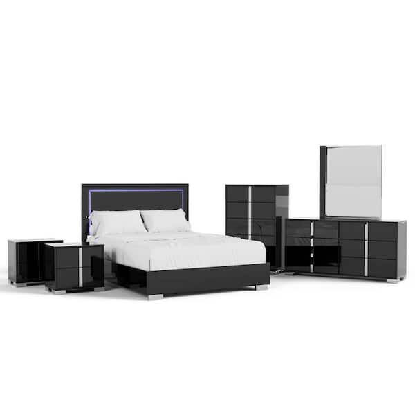 Mesala 6-Piece Piano Black Wood Frame King Panel Bedroom Set with LED Light on Headboard, Chrome Accents and Legs