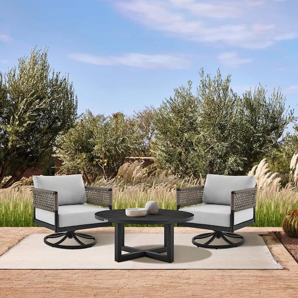 Armen Living Felicia and Argiope Black 3-Piece Aluminum Patio Conversation Set with Light Grey Cushions