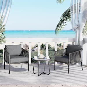 Dark Grey 3-Piece Large Wicker Outdoor Bistro Set with Grey Olefin Cushions and Coffee Table