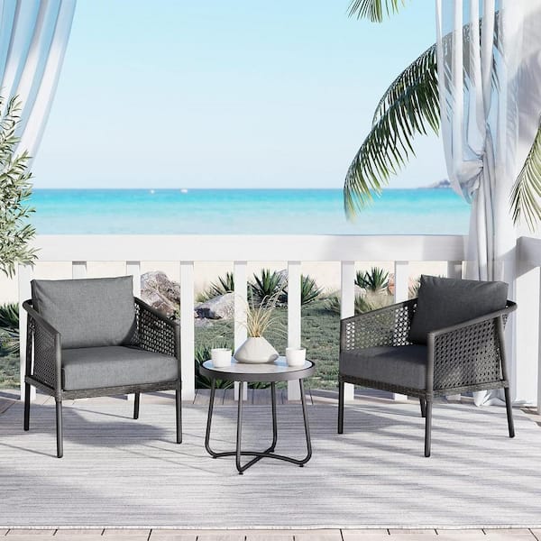 Yangming Dark Grey 3-Piece Large Wicker Outdoor Bistro Set with Grey Olefin Cushions and Coffee Table