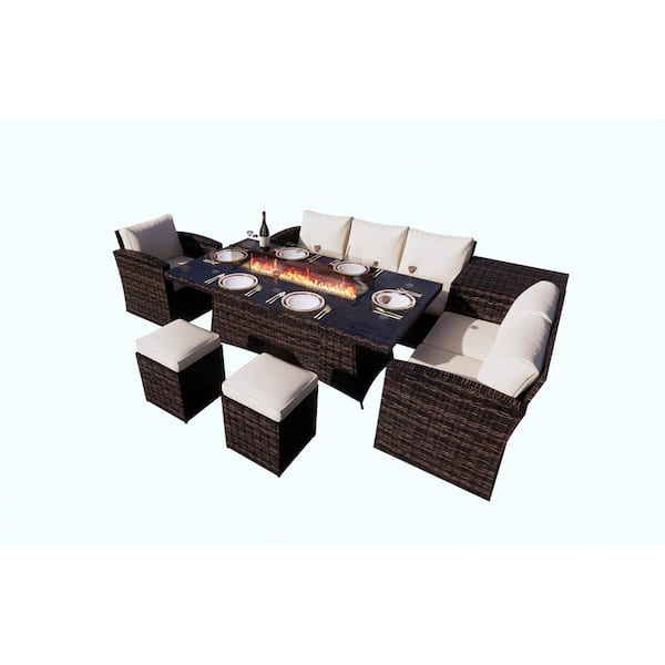 moda furnishings TOTEM 7-Piece Wicker Patio Fire Pit Conversation Sofa Set With Beige Cushions