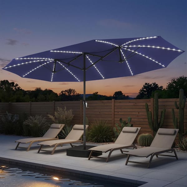 15 x 9 patio umbrella with lights 15 ft. x 9 ft. Solar Lighted Market Patio Umbrella in Navy Blue Outdoor Large Table Umbrella with Crank Handle and Base