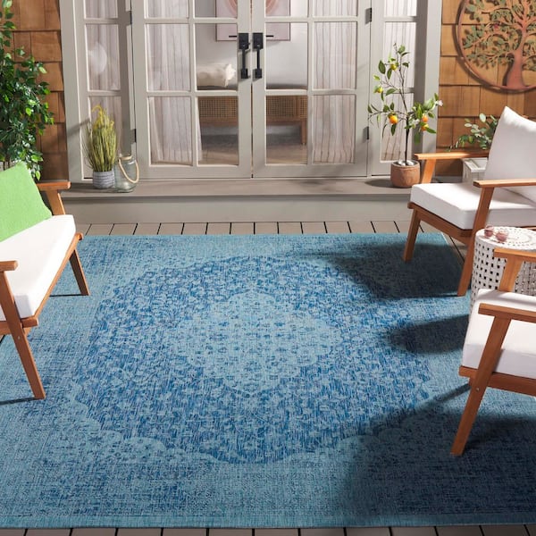 Courtyard Navy/Aqua 9 ft. x 12 ft. Medallion Border Indoor/Outdoor Area Rug