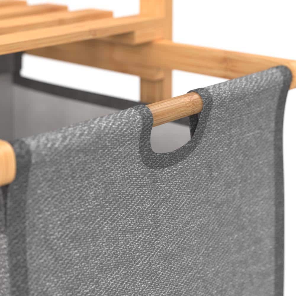 Natural Bamboo Dual Compartment Laundry Sorter with Gray Bags