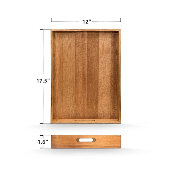 17.5 in. x 12 in. x 1.6 in. Acacia Wood Serving Tray with Handles for Lunch, Dinner, Patio, Coffee Table, BBQ, Brown