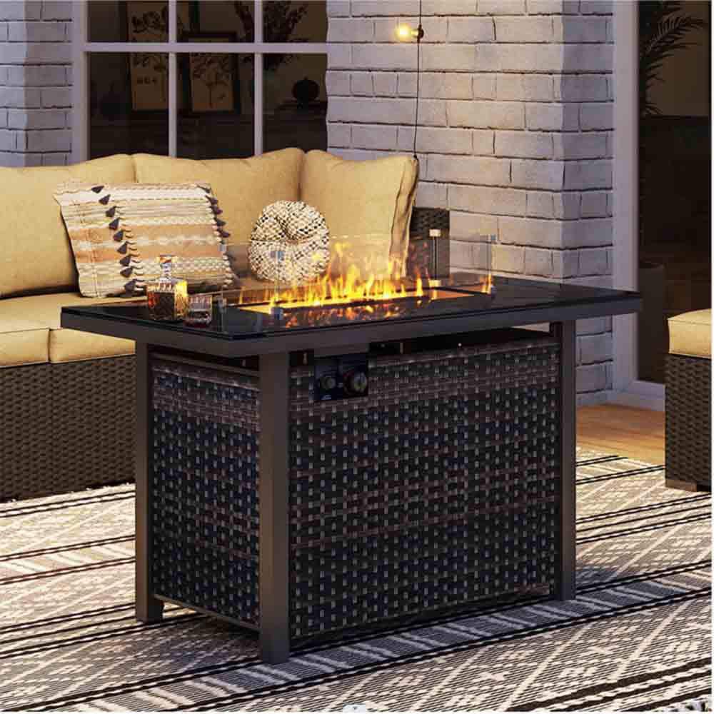 OUPES 50,000 BTU Black Rectangular Wicker Fire Pit Table with Guard ...